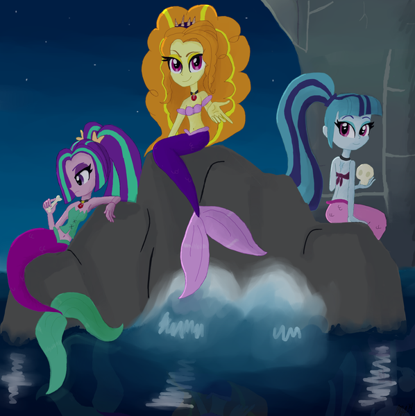 Size: 2552x2560 | Tagged: safe, artist:flight-of-the-moon, banned from derpibooru, deleted from derpibooru, derpibooru import, adagio dazzle, aria blaze, sonata dusk, mermaid, equestria girls, rainbow rocks, belly button, bone, looking at you, mermaidized, midriff, sirens doing siren things, skull, sleeveless, species swap, the dazzlings