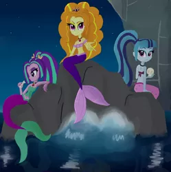 Size: 2552x2560 | Tagged: safe, artist:flight-of-the-moon, banned from derpibooru, deleted from derpibooru, derpibooru import, adagio dazzle, aria blaze, sonata dusk, mermaid, equestria girls, rainbow rocks, belly button, bone, looking at you, mermaidized, midriff, sirens doing siren things, skull, sleeveless, species swap, the dazzlings