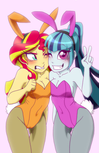 Size: 800x1236 | Tagged: dead source, questionable, artist:ashleynicholsart, banned from derpibooru, deleted from derpibooru, derpibooru import, sonata dusk, sunset shimmer, equestria girls, rainbow rocks, blushing, breasts, bunny ears, bunny girl, bunny suit, cameltoe, cleavage, clothes, female, females only, grin, image, jpeg, leotard, lesbian, nudity, one eye closed, pantyhose, peace sign, pink background, playboy, playboy bunny, playboy bunny sonata dusk, playboy bunny sunset shimmer, shipping, simple background, smiling, stockings, sunata, thigh highs, wink