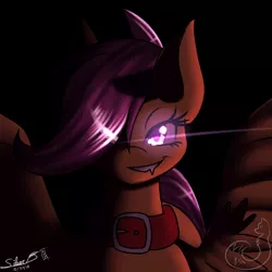 Size: 1000x1000 | Tagged: safe, artist:silverfox057, banned from derpibooru, deleted from derpibooru, derpibooru import, apple bloom, scootaloo, sweetie belle, collar, cutie mark crusaders, glowing eyes, solo