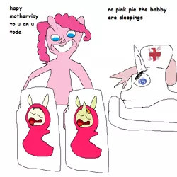 Size: 512x512 | Tagged: safe, artist:dellovan, banned from derpibooru, deleted from derpibooru, derpibooru import, carrot cake, nurse redheart, pinkie pie, pound cake, babby, comic sans, digital art, ms paint, stylistic suck