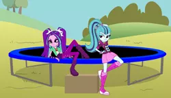 Size: 1556x893 | Tagged: safe, artist:chameleonman55, banned from derpibooru, deleted from derpibooru, derpibooru import, aria blaze, sonata dusk, equestria girls, arisona, female, lesbian, shipping, trampoline