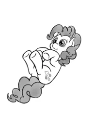 Size: 364x474 | Tagged: safe, artist:roxenmage, banned from derpibooru, deleted from derpibooru, derpibooru import, pinkie pie, earth pony, pony, monochrome, on back, solo