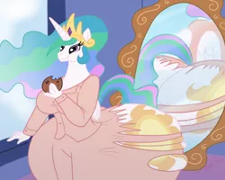 Size: 1280x1024 | Tagged: suggestive, artist:necrofeline, artist:necronomikat, banned from derpibooru, deleted from derpibooru, derpibooru import, princess celestia, anthro, ass, butt, butt expansion, chewing, clothes, cookie, eating, female, food, growth, huge butt, impossibly large butt, large butt, mirror, pajamas, plot, ripped pants, solo, solo female, sunbutt, the ass was fat