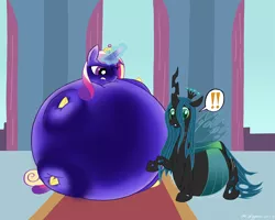 Size: 1050x840 | Tagged: safe, artist:necrofeline, banned from derpibooru, deleted from derpibooru, derpibooru import, princess cadance, queen chrysalis, belly, blueberry, blueberry inflation, duel, exclamation point, food, immobile, inflation, magic, revenge, sequence, surprised