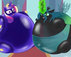 Size: 1050x840 | Tagged: safe, artist:necrofeline, banned from derpibooru, deleted from derpibooru, derpibooru import, princess cadance, queen chrysalis, belly, big belly, blueberry, blueberry inflation, duel, food, huge belly, immobile, impossibly large belly, inflation, magic, sequence