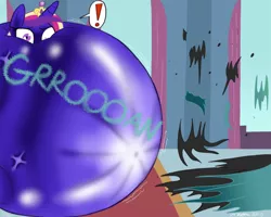 Size: 1050x840 | Tagged: semi-grimdark, artist:necrofeline, banned from derpibooru, deleted from derpibooru, derpibooru import, princess cadance, queen chrysalis, blueberry, blueberry inflation, exclamation point, food, immobile, inflation, popping, sequence, solo