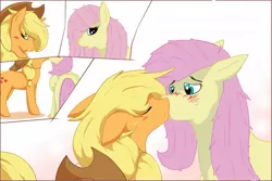 Size: 1280x853 | Tagged: safe, artist:blackkaries, artist:epicplatypus, banned from derpibooru, deleted from derpibooru, derpibooru import, edit, applejack, fluttershy, earth pony, pegasus, pony, applejack's hat, appleshy, blushing, comic, cowboy hat, eyes closed, female, floppy ears, freckles, hat, kissing, lesbian, mare, shipping