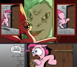 Size: 945x821 | Tagged: safe, banned from derpibooru, deleted from derpibooru, derpibooru import, pinkie pie, comic, dingo pictures, exploitable meme, meme, obligatory pony, phoenix game, surprise door, yee