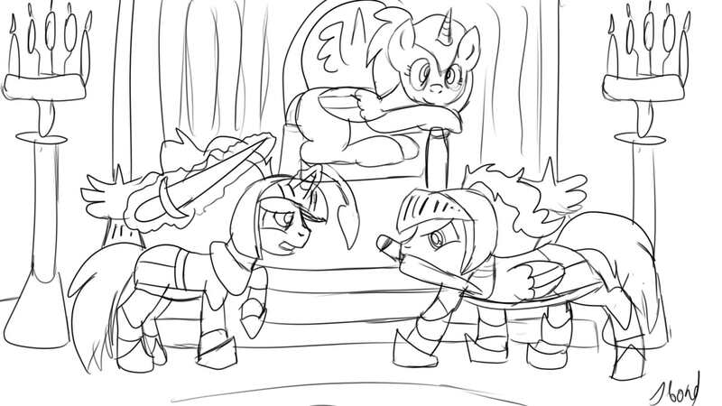 Size: 1280x720 | Tagged: safe, artist:jbond, banned from derpibooru, deleted from derpibooru, derpibooru import, oc, oc:jacky breeze, oc:jenny, oc:swordalf pencil, unofficial characters only, knights, monochrome, queen, sketch