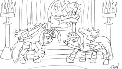 Size: 1280x720 | Tagged: safe, artist:jbond, banned from derpibooru, deleted from derpibooru, derpibooru import, oc, oc:jacky breeze, oc:jenny, oc:swordalf pencil, unofficial characters only, knights, monochrome, queen, sketch