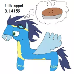 Size: 512x512 | Tagged: safe, artist:dellovan, banned from derpibooru, deleted from derpibooru, derpibooru import, soarin', comic sans, digital art, food, ms paint, pi, pie, stylistic suck, that pony sure does love pies, wonderbolts