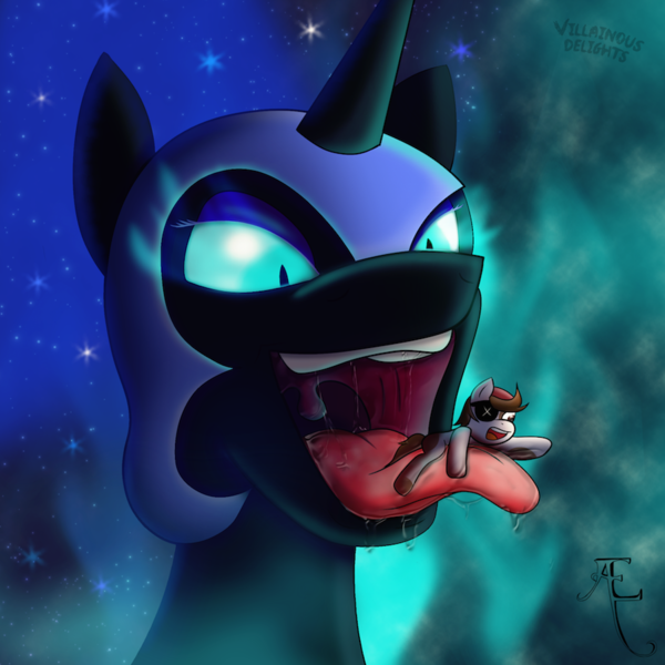 Size: 900x900 | Tagged: questionable, artist:aegwinn, banned from derpibooru, deleted from derpibooru, derpibooru import, nightmare moon, pipsqueak, drool, fetish, glowing eyes, micro, open mouth, tongue out, villainous delights, vore