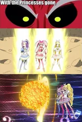 Size: 621x930 | Tagged: safe, banned from derpibooru, deleted from derpibooru, derpibooru import, edit, lord tirek, caption, cure beat, cure melody, cure rhythm, exploitable meme, image macro, meme, precure, suite precure, super saiyan, text, tirek vs everyone meme