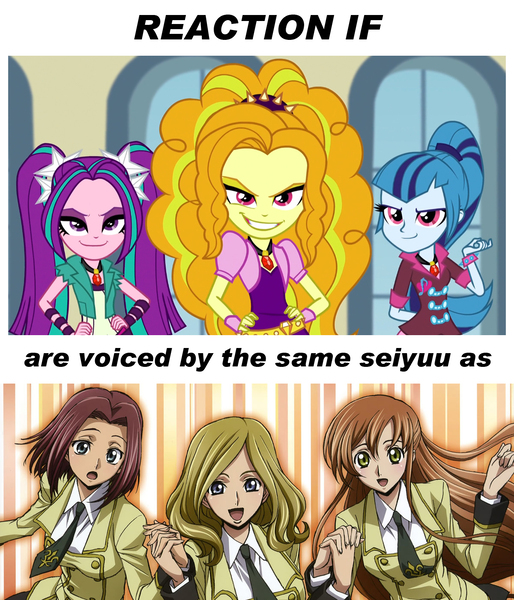 Size: 1200x1400 | Tagged: safe, banned from derpibooru, deleted from derpibooru, derpibooru import, adagio dazzle, aria blaze, sonata dusk, equestria girls, rainbow rocks, ami koshimizu, code geass, code geass lelouch of the rebellion, exploitable meme, fumiko orikasa, japanese, kallen kouzuki, kallen stadtfeld, meme, meta, milly ashford, reaction if, sayaka oohara, shirley fenette, the dazzlings, voice actor