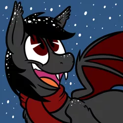 Size: 500x500 | Tagged: safe, artist:karpet-shark, banned from derpibooru, deleted from derpibooru, derpibooru import, oc, oc:qetesh, unofficial characters only, bat pony, clothes, fangs, happy, icon, scarf, smiling, snow, solo, winter