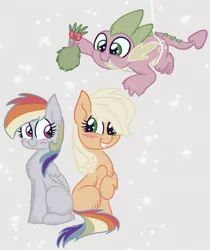 Size: 1361x1619 | Tagged: safe, artist:imarieu, banned from derpibooru, deleted from derpibooru, derpibooru import, applejack, rainbow dash, spike, appledash, female, lesbian, mistletoe, shipper on deck, shipping