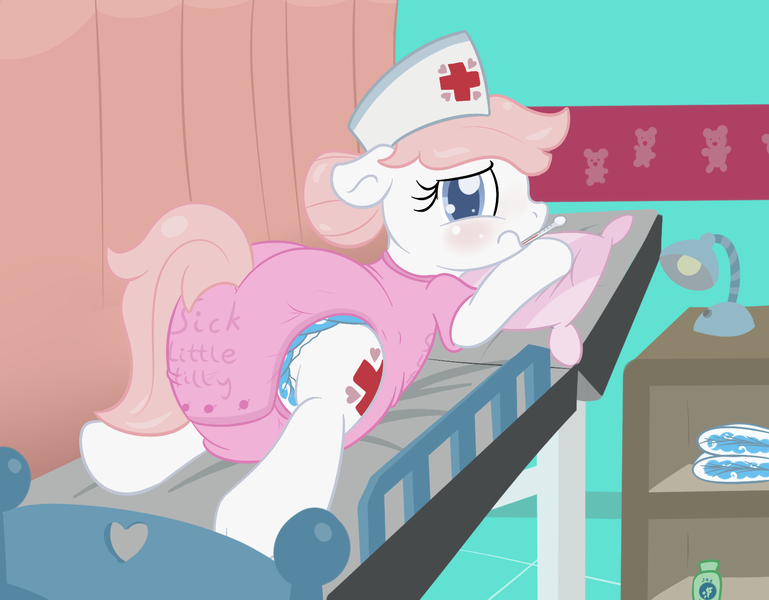 Size: 1594x1244 | Tagged: questionable, artist:vitriolink, banned from derpibooru, deleted from derpibooru, derpibooru import, nurse redheart, bed, blushing, cute, diaper, diaper fetish, female, fetish, heartabetes, hospital, lamp, onesie, poofy diaper, sick, solo, solo female, thermometer
