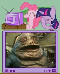 Size: 595x740 | Tagged: safe, banned from derpibooru, deleted from derpibooru, derpibooru import, pinkie pie, twilight sparkle, cgi, exploitable meme, facehoof, han solo, jabba the hutt, laughing, meme, mixed reactions, obligatory pony, op is trying to start a nerd fight, special edition, star wars, tail stepped on, tv meme