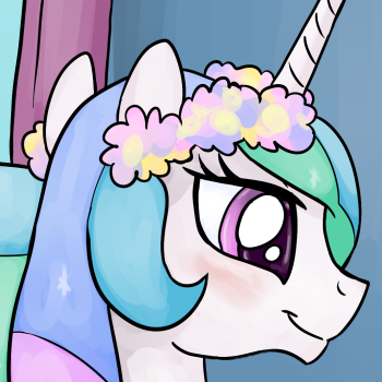 Size: 350x350 | Tagged: safe, artist:smudge proof, banned from derpibooru, deleted from derpibooru, derpibooru import, edit, princess celestia, blushing, cropped, cute, cutelestia, e♀uestria, floral head wreath, flower, missing accessory