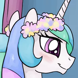 Size: 350x350 | Tagged: safe, artist:smudge proof, banned from derpibooru, deleted from derpibooru, derpibooru import, edit, princess celestia, blushing, cropped, cute, cutelestia, e♀uestria, floral head wreath, flower, missing accessory