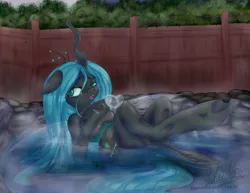 Size: 3850x2975 | Tagged: suggestive, artist:berndem-bones, banned from derpibooru, deleted from derpibooru, derpibooru import, queen chrysalis, blushing, cute, female, floppy ears, heart, hot springs, looking at you, onsen, solo, solo female, water