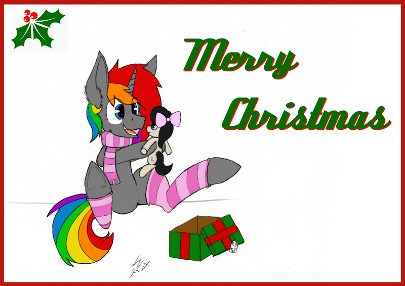 Size: 3509x2481 | Tagged: safe, artist:wingedthoughts, banned from derpibooru, deleted from derpibooru, derpibooru import, oc, oc:krylone, unofficial characters only, unicorn, christmas, clothes, holiday, multicolored hair, plushie, present, rainbow hair, scar, socks, underhoof