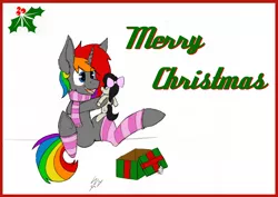 Size: 3509x2481 | Tagged: safe, artist:wingedthoughts, banned from derpibooru, deleted from derpibooru, derpibooru import, oc, oc:krylone, unofficial characters only, unicorn, christmas, clothes, holiday, multicolored hair, plushie, present, rainbow hair, scar, socks, underhoof