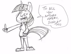 Size: 500x382 | Tagged: safe, artist:bakertoons, banned from derpibooru, deleted from derpibooru, derpibooru import, twilight sparkle, anthro, middle finger, monochrome, solo, vulgar