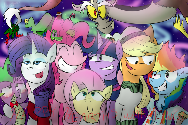 Size: 1024x683 | Tagged: safe, artist:amarcato, banned from derpibooru, deleted from derpibooru, derpibooru import, applejack, discord, fluttershy, gummy, pinkie pie, rainbow dash, rarity, spike, twilight sparkle, christmas, female, hearth's warming eve, holiday, implied shipping, male, mane seven, mane six, mistleholly, mistletoe, shipper on deck, shipping, sparity, straight