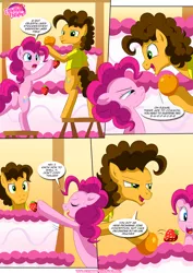 Size: 1024x1447 | Tagged: safe, artist:bbmbbf, banned from derpibooru, deleted from derpibooru, derpibooru import, cheese sandwich, pinkie pie, comic:sweet treats, equestria untamed, cake, comic, food, image, jpeg, palcomix, peach, stool, strawberry