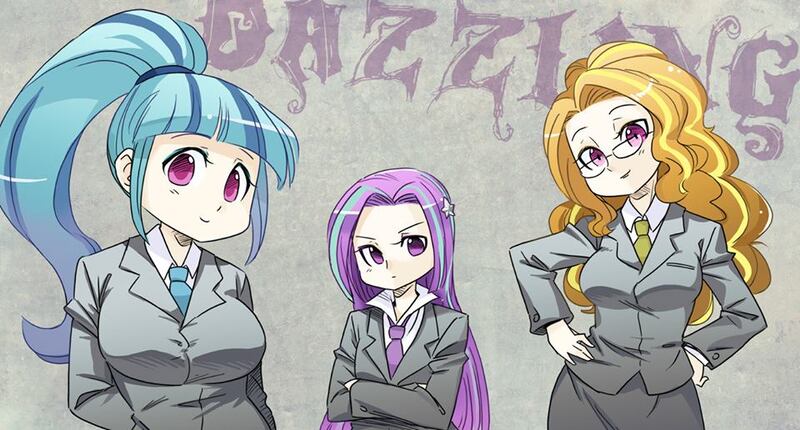 Size: 960x516 | Tagged: safe, artist:shepherd0821, banned from derpibooru, deleted from derpibooru, derpibooru import, adagio dazzle, aria blaze, sonata dusk, human, alternate hairstyle, clothes, glasses, humanized, necktie, ponytail, suit, the dazzlings