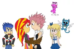 Size: 1024x670 | Tagged: safe, artist:resotii, banned from derpibooru, deleted from derpibooru, derpibooru import, flash sentry, sunset shimmer, equestria girls, exceed, fairy tail, happy, lucy heartfilia, natsu dragneel