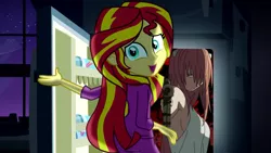 Size: 1280x720 | Tagged: grimdark, suggestive, banned from derpibooru, deleted from derpibooru, derpibooru import, sunset shimmer, equestria girls, rainbow rocks, elfen lied, exploitable meme, gun, lucy, meme, obligatory pony, pinkie's refrigerator, refrigerator, this will end in death, weapon