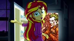 Size: 1280x720 | Tagged: semi-grimdark, banned from derpibooru, deleted from derpibooru, derpibooru import, sunset shimmer, equestria girls, rainbow rocks, batman, bondage, exploitable meme, meme, obligatory pony, pinkie's refrigerator, straitjacket, the joker