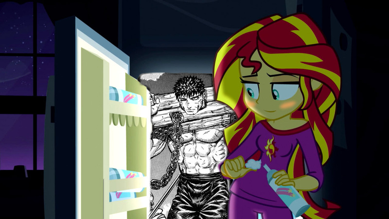 Size: 1280x720 | Tagged: questionable, banned from derpibooru, deleted from derpibooru, derpibooru import, sunset shimmer, equestria girls, rainbow rocks, abs, berserk, blushing, chains, exploitable meme, guts, manacles, meme, obligatory pony, pinkie's refrigerator