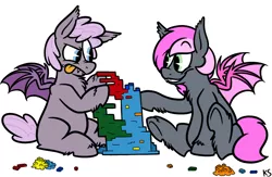 Size: 1000x650 | Tagged: safe, artist:karpet-shark, banned from derpibooru, deleted from derpibooru, derpibooru import, oc, oc:heartbeat, oc:sirocca, unofficial characters only, bat pony, jenga, lego, toy