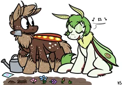 Size: 1000x700 | Tagged: safe, artist:karpet-shark, banned from derpibooru, deleted from derpibooru, derpibooru import, oc, oc:actias, oc:pepper dust, unofficial characters only, moth, mothpony, original species, flower, gardening, singing