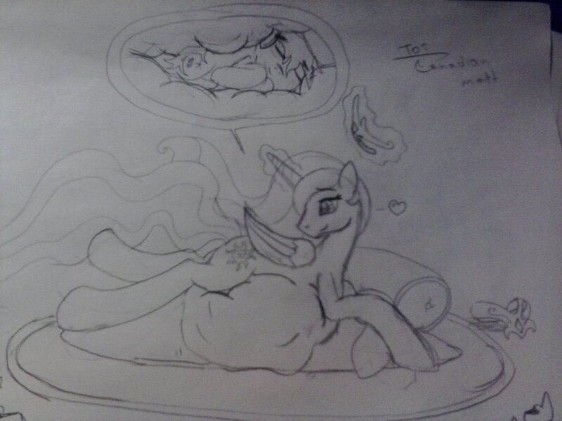 Size: 1024x768 | Tagged: questionable, artist:pokeman-114, banned from derpibooru, deleted from derpibooru, derpibooru import, princess celestia, oc, oc:sunlight, belly, heart, internal, princess vorestia, sleeping, traditional art, vore