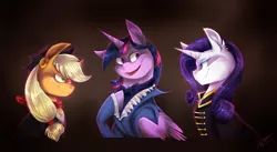 Size: 1783x978 | Tagged: safe, artist:cyanocitta-blattidae, banned from derpibooru, deleted from derpibooru, derpibooru import, applejack, rarity, twilight sparkle, alicorn, a story told, clothes, danglars, evil grin, grin, mondego, monsparkle, smiling, the count of monte cristo, twilight sparkle (alicorn), villefort