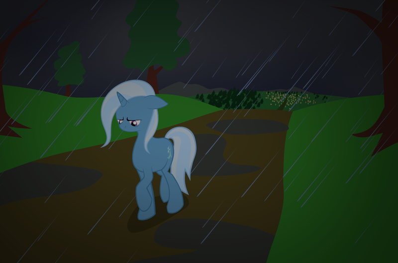 Size: 1600x1055 | Tagged: safe, artist:bakasan, banned from derpibooru, deleted from derpibooru, derpibooru import, trixie, depressed, rain, sad