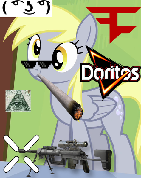 Size: 511x648 | Tagged: safe, artist:alpha957, banned from derpibooru, deleted from derpibooru, derpibooru import, derpy hooves, chips, doritos, drugs, faze clan, food, gun, hitmarker, illuminati, le lenny face, m200 intervention, marijuana, mlg, rifle, snipars, sniper rifle, weapon