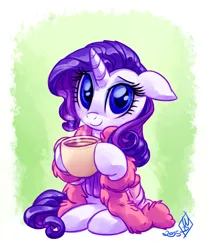 Size: 1000x1200 | Tagged: safe, artist:whitediamonds, banned from derpibooru, deleted from derpibooru, derpibooru import, edit, rarity, clothes, coffee, cute, mug, robe, solo