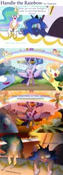 Size: 2000x5520 | Tagged: safe, artist:amarcato, banned from derpibooru, deleted from derpibooru, derpibooru import, blues, carrot top, fluttershy, golden harvest, noteworthy, princess celestia, princess luna, scootaloo, twilight sparkle, twilight sparkle (alicorn), alicorn, pony, binoculars, comic, donny swineclop, female, fire, let the rainbow remind you, mare, my leg, opera glasses, parody, rainbow, singing, spongebob squarepants, star vs the forces of evil, twilight's castle