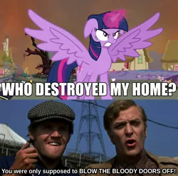 Size: 704x698 | Tagged: safe, banned from derpibooru, deleted from derpibooru, derpibooru import, twilight sparkle, alicorn, human, british, clothes, crossover, detonator, exploitable meme, flatcap, hat, meme, michael caine, movie, obligatory pony, reference, shout out, the italian job, twilight sparkle (alicorn), who destroyed twilight's home