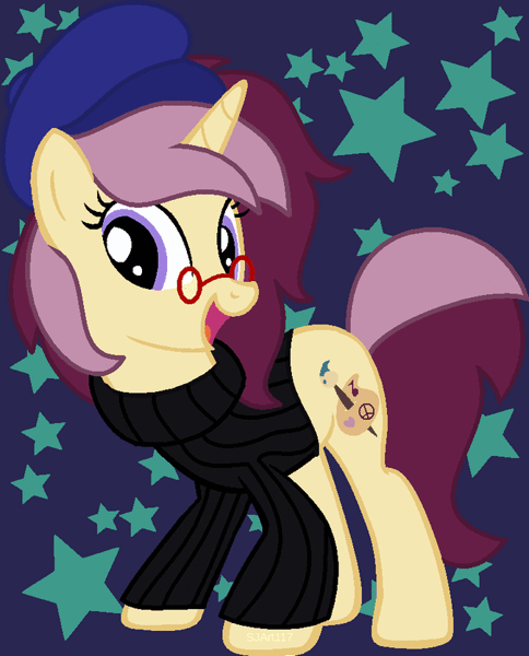 Size: 674x836 | Tagged: safe, artist:sjart117, banned from derpibooru, deleted from derpibooru, derpibooru import, oc, oc:lannie lona, unofficial characters only, animated, beatnik, beret, clothes, glasses, hat, solo, stars, sweater, turtleneck