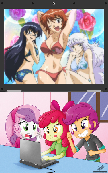 Size: 1458x2322 | Tagged: suggestive, artist:the-butch-x, banned from derpibooru, deleted from derpibooru, derpibooru import, edit, apple bloom, scootaloo, sweetie belle, equestria girls, adorasexy, anime, aoi nogami, bikini, clothes, computer, crusaders on laptop meme, cute, cutie mark crusaders, exploitable meme, kaoru akashi, laptop computer, meme, sexy, shiho sannomiya, swimsuit, zettai karen children