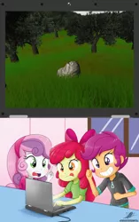 Size: 1458x2322 | Tagged: safe, artist:the-butch-x, banned from derpibooru, deleted from derpibooru, derpibooru import, apple bloom, scootaloo, sweetie belle, equestria girls, computer, crusaders on laptop meme, cutie mark crusaders, exploitable meme, laptop computer, meme, rock simulator 2014, stone