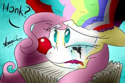 Size: 3000x2000 | Tagged: safe, artist:amarcato, banned from derpibooru, deleted from derpibooru, derpibooru import, fluttershy, 30 minute art challenge, clown, crying, face paint, flutterclown, hilarious in hindsight, image, png, rainbow wig, ruff (clothing), sad clown, scared, solo, stage fright