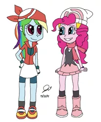 Size: 813x983 | Tagged: safe, artist:resotii, banned from derpibooru, deleted from derpibooru, derpibooru import, pinkie pie, rainbow dash, equestria girls, crossover, dawn, image, jpeg, may, may (pokémon), pokémon